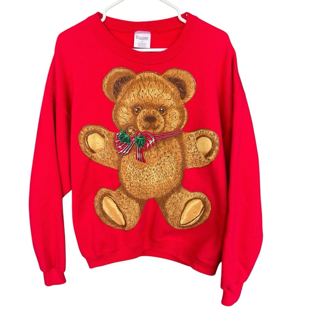 Vintage Cheetah Sweatshirt Womens Extra Large XL Red Teddy Bear 3D Paint Boho